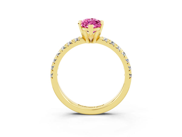 Yellow gold Marquise Cut Pink Sapphire Solitaire Pavé Engagement Ring with Round Band and Prong Setting