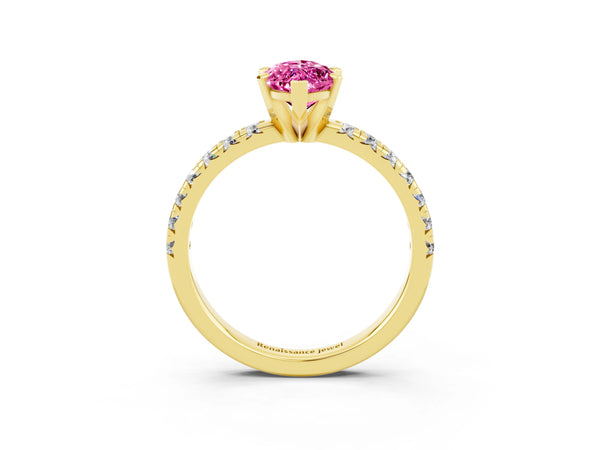 Yellow gold Marquise Cut Pink Sapphire Solitaire Pavé Engagement Ring with Round Band and Prong Setting