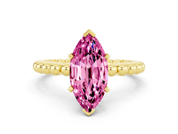 Yellow gold Marquise Cut Pink Sapphire Solitaire Ring with Beaded Band and Prong Setting