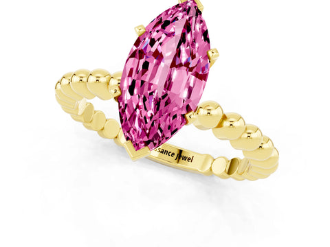 Yellow gold Marquise Cut Pink Sapphire Solitaire Ring with Beaded Band and Prong Setting_1