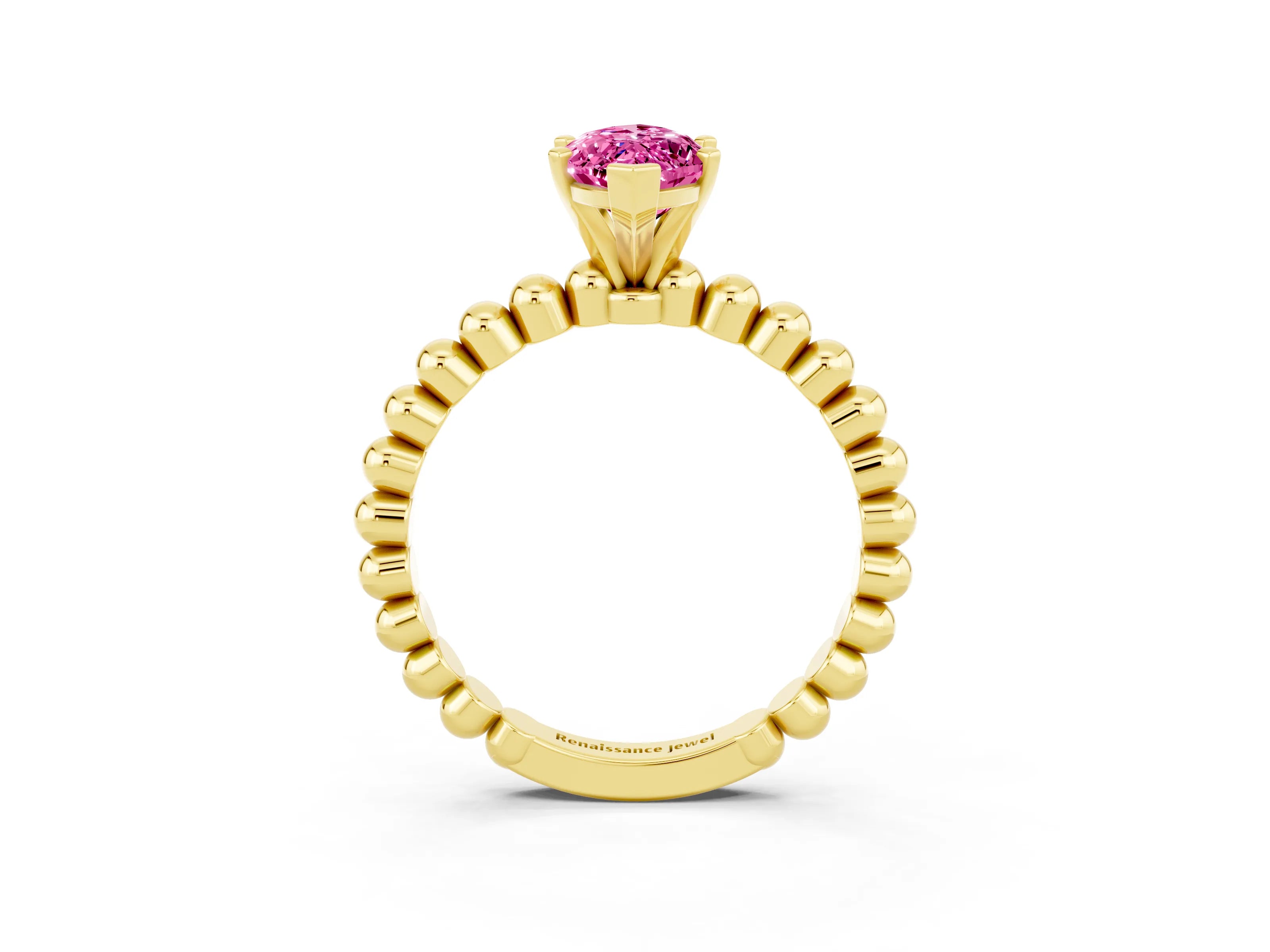 Yellow gold Marquise Cut Pink Sapphire Solitaire Ring with Beaded Band and Prong Setting_3