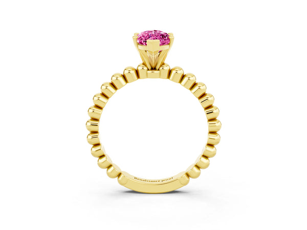 Yellow gold Marquise Cut Pink Sapphire Solitaire Ring with Beaded Band and Prong Setting