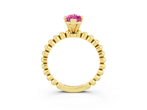 Yellow gold Marquise Cut Pink Sapphire Solitaire Ring with Beaded Band and Prong Setting_3