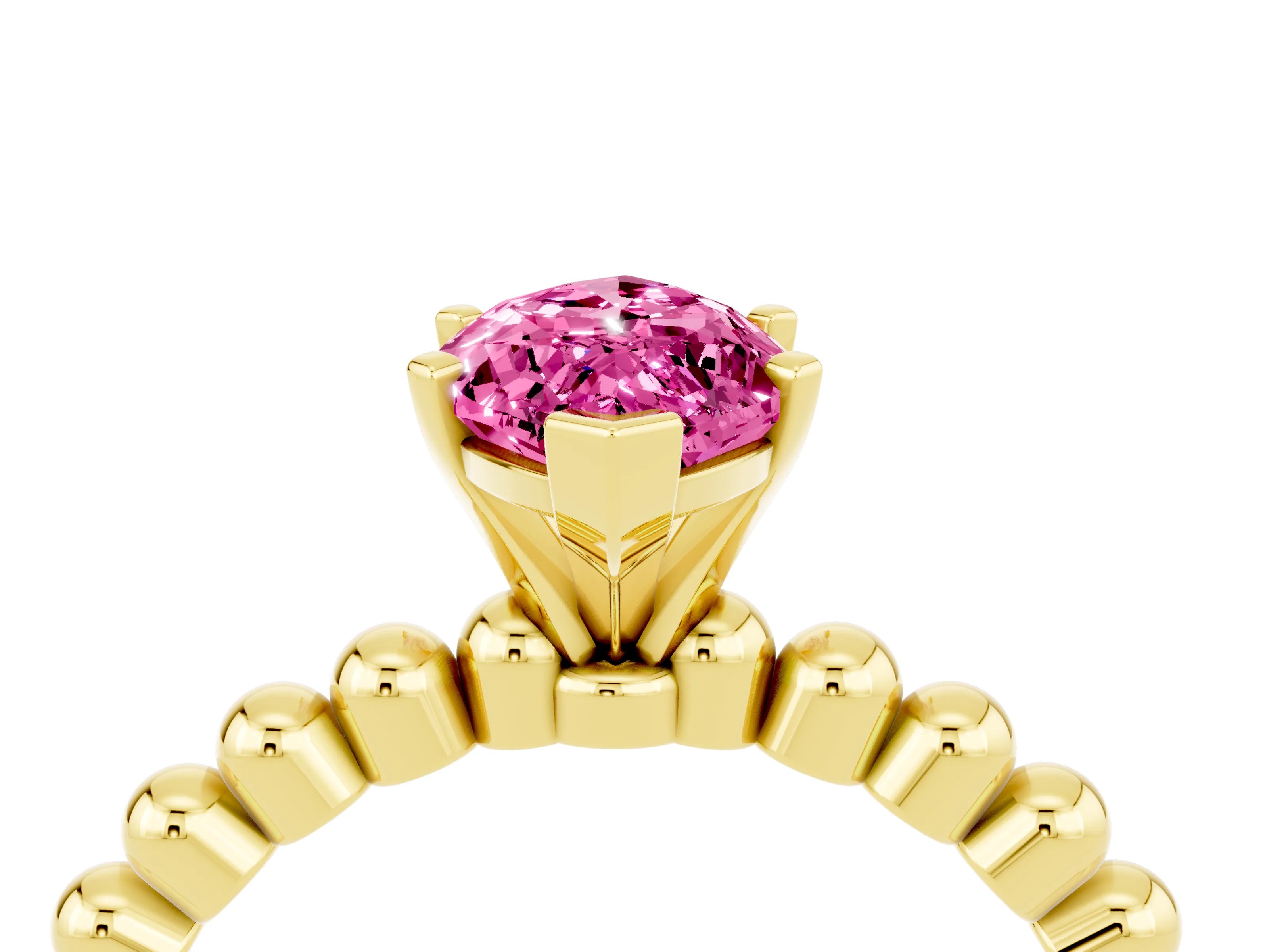 Yellow gold Marquise Cut Pink Sapphire Solitaire Ring with Beaded Band and Prong Setting_4