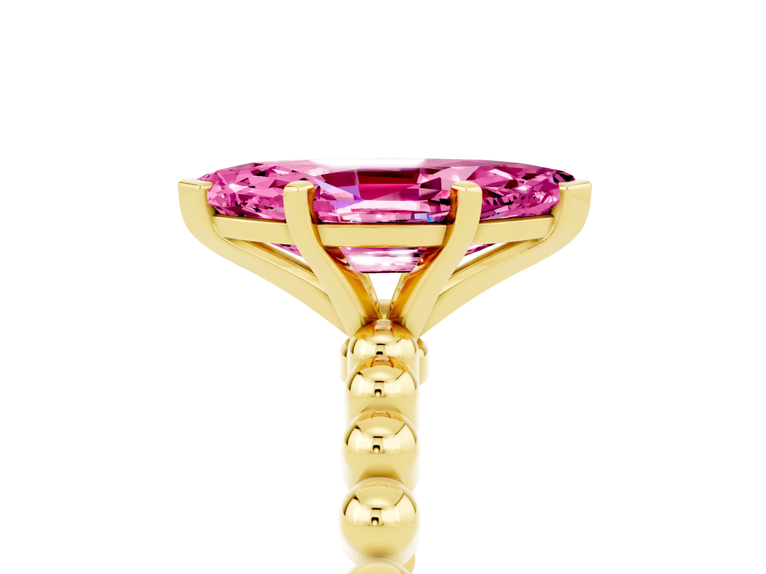 Yellow gold Marquise Cut Pink Sapphire Solitaire Ring with Beaded Band and Prong Setting_5