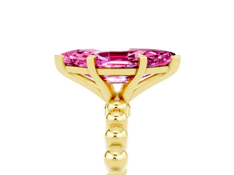 Yellow gold Marquise Cut Pink Sapphire Solitaire Ring with Beaded Band and Prong Setting_5