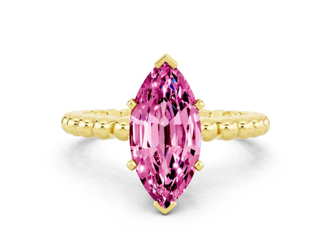 Yellow gold Marquise Cut Pink Sapphire Solitaire Ring with Beaded Band and Prong Setting