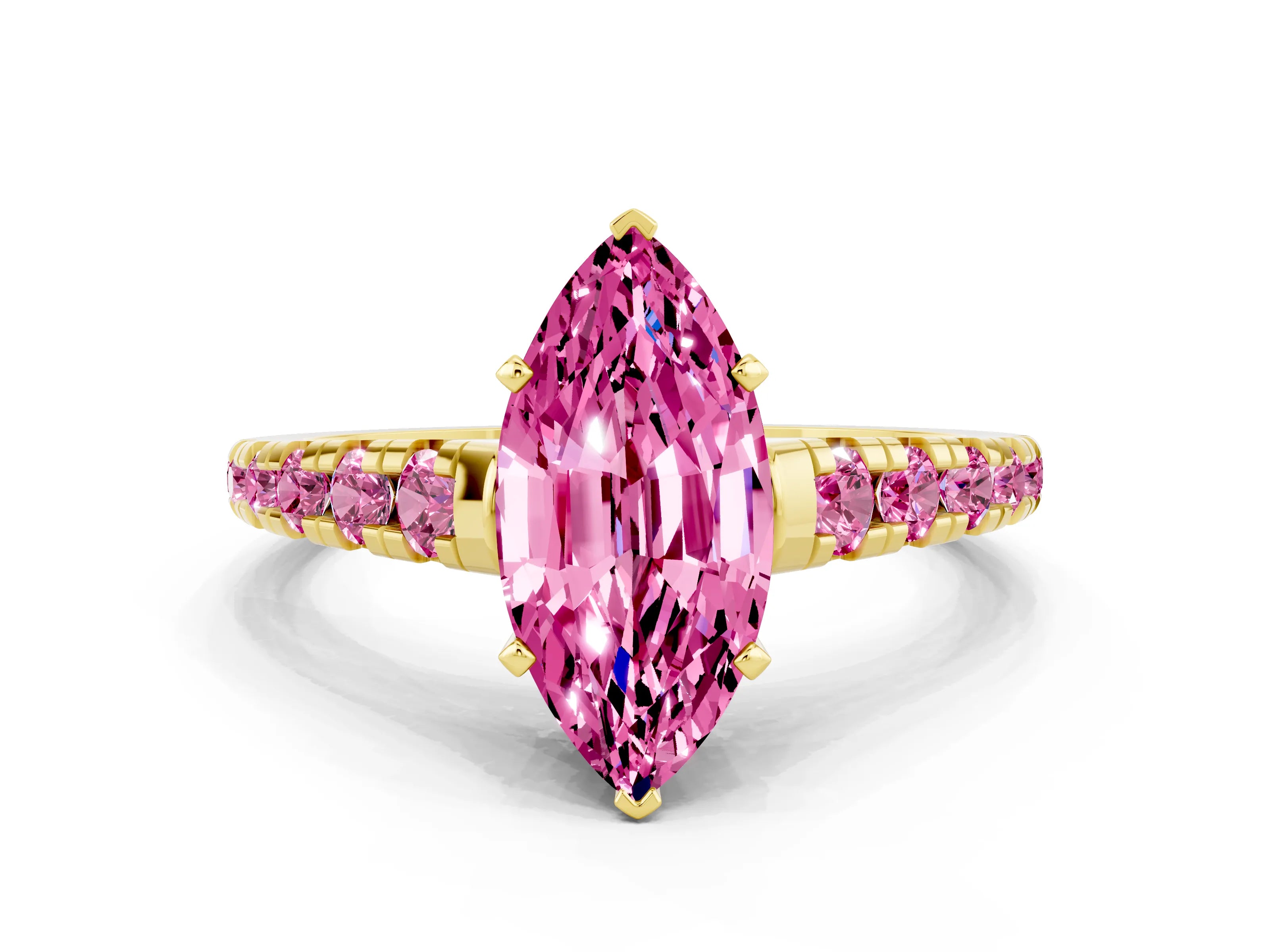 Yellow gold Marquise Cut Pink Sapphire Solitaire Ring with Cathedral Setting and Pavé Band