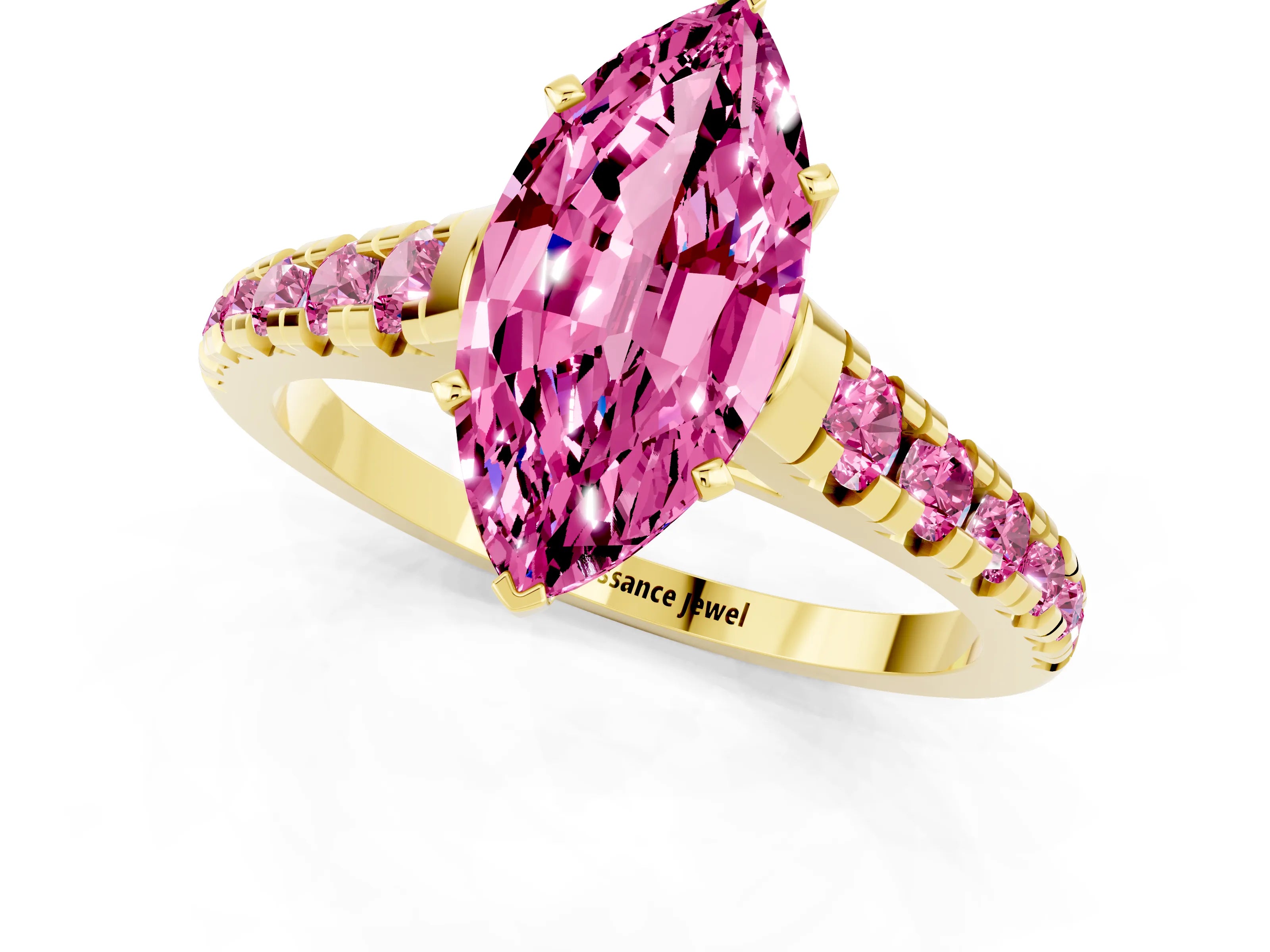 Yellow gold Marquise Cut Pink Sapphire Solitaire Ring with Cathedral Setting and Pavé Band_1
