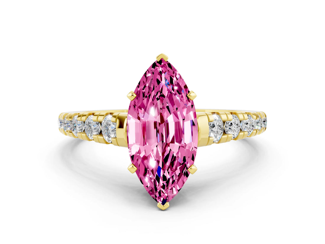Yellow gold Marquise Cut Pink Sapphire Solitaire Ring with Cathedral Setting and Pavé Band_24