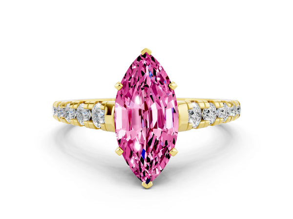 Yellow gold Marquise Cut Pink Sapphire Cathedral Solitaire Ring with Round  Pavé Band
