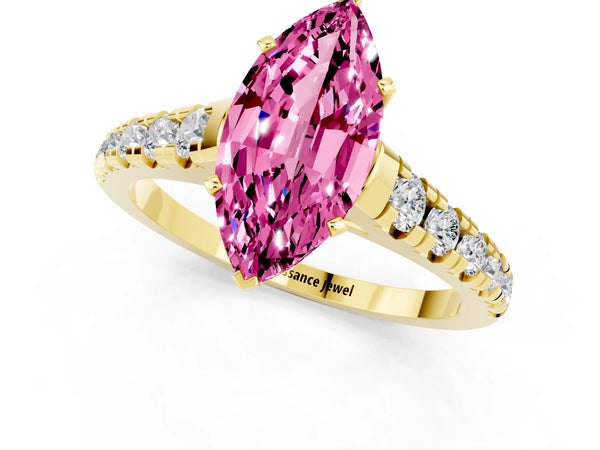 Yellow gold Marquise Cut Pink Sapphire Cathedral Solitaire Ring with Round  Pavé Band