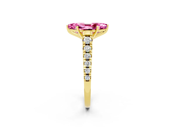 Yellow gold Marquise Cut Pink Sapphire Cathedral Solitaire Ring with Round  Pavé Band