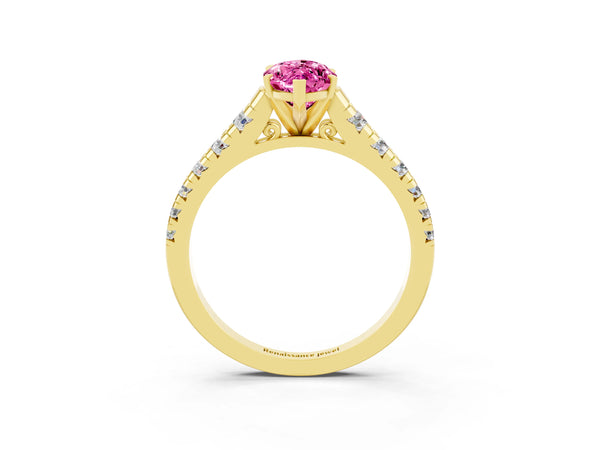 Yellow gold Marquise Cut Pink Sapphire Cathedral Solitaire Ring with Round  Pavé Band