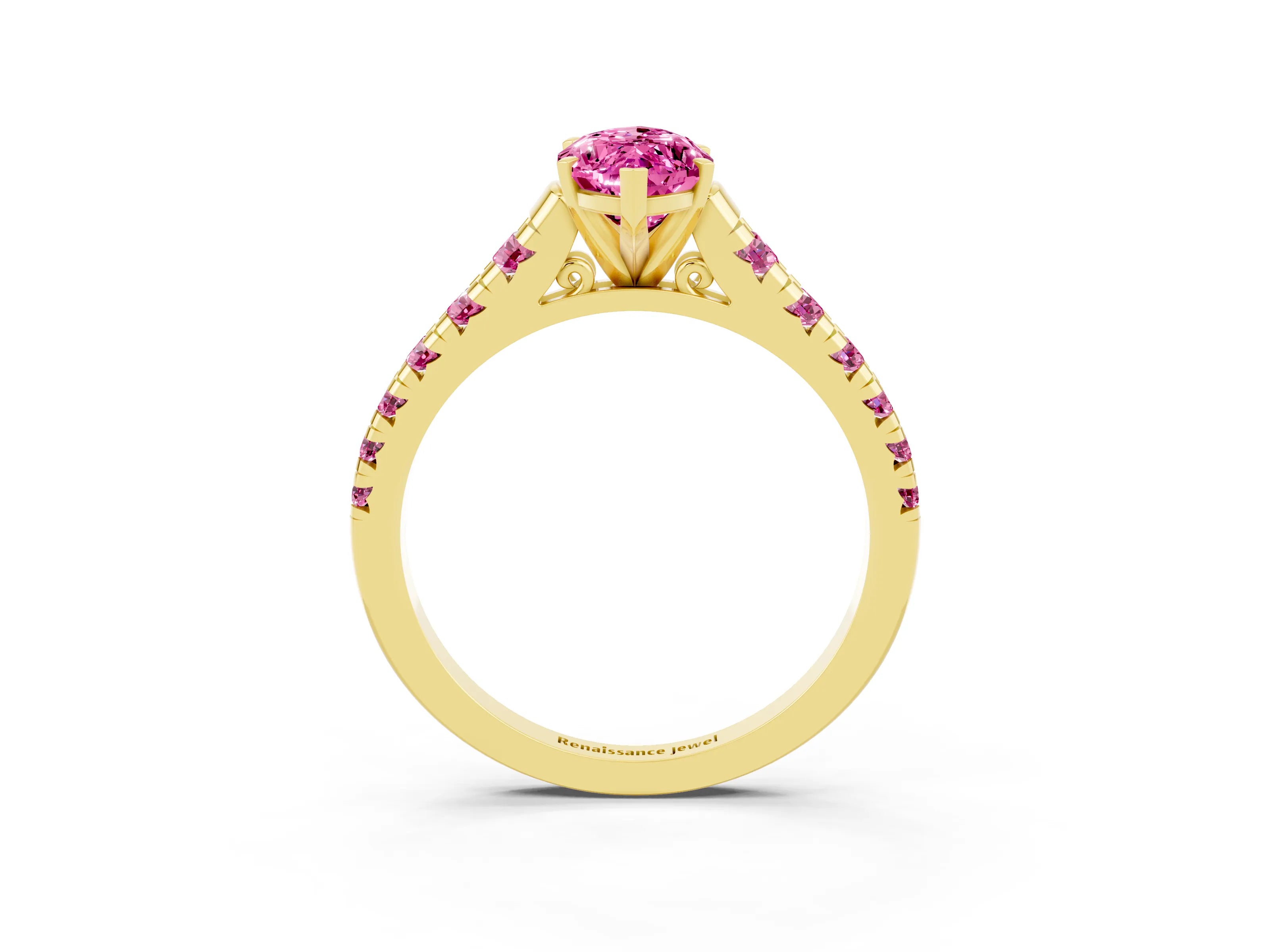 Yellow gold Marquise Cut Pink Sapphire Solitaire Ring with Cathedral Setting and Pavé Band_3