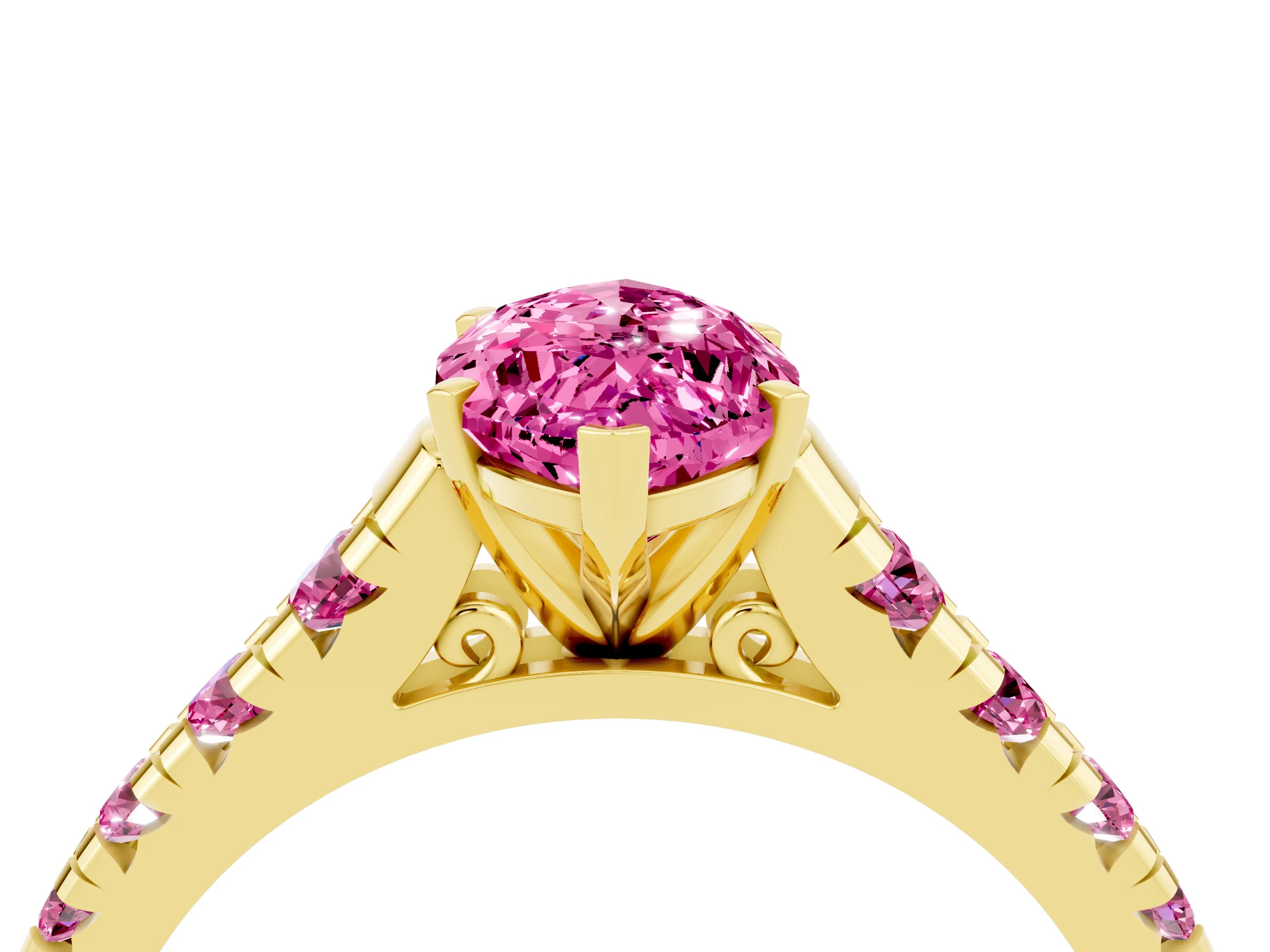 Yellow gold Marquise Cut Pink Sapphire Solitaire Ring with Cathedral Setting and Pavé Band_4