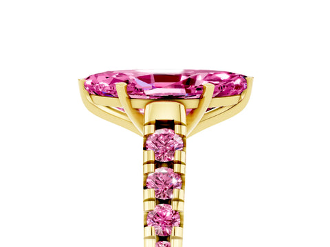 Yellow gold Marquise Cut Pink Sapphire Solitaire Ring with Cathedral Setting and Pavé Band_5