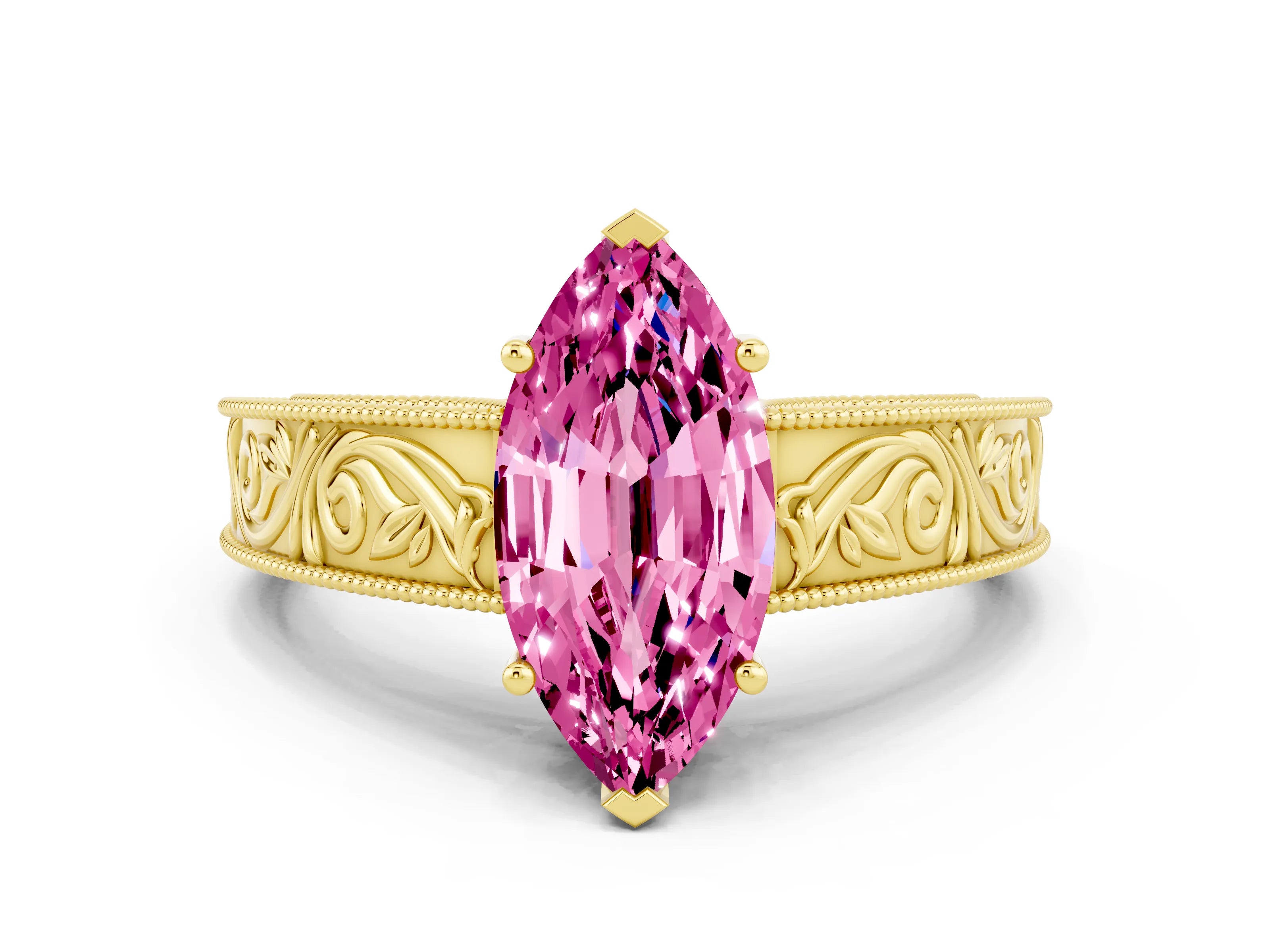 Yellow gold Marquise Cut Pink Sapphire Solitaire Ring with Engraved Band and Four-Prong Setting