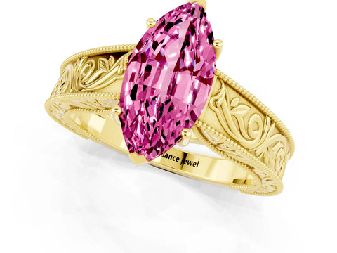 Yellow gold Marquise Cut Pink Sapphire Solitaire Ring with Engraved Band and Four-Prong Setting_1