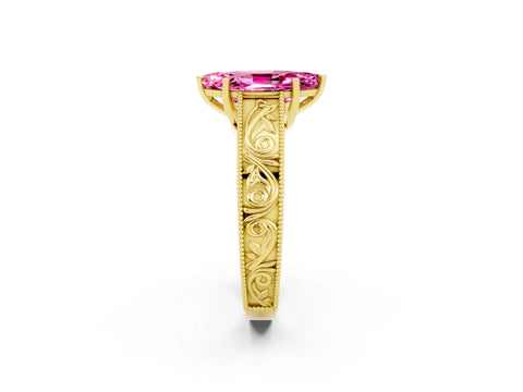 Yellow gold Marquise Cut Pink Sapphire Solitaire Ring with Engraved Band and Four-Prong Setting_2