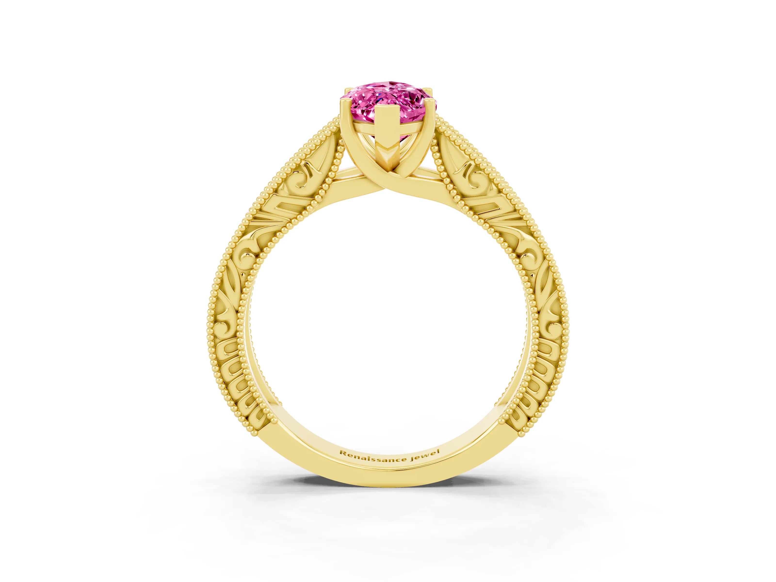 Yellow gold Marquise Cut Pink Sapphire Solitaire Ring with Engraved Band and Four-Prong Setting_3