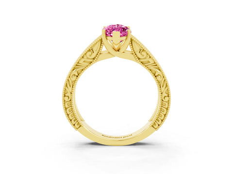 Yellow gold Marquise Cut Pink Sapphire Solitaire Ring with Engraved Band and Four-Prong Setting_3