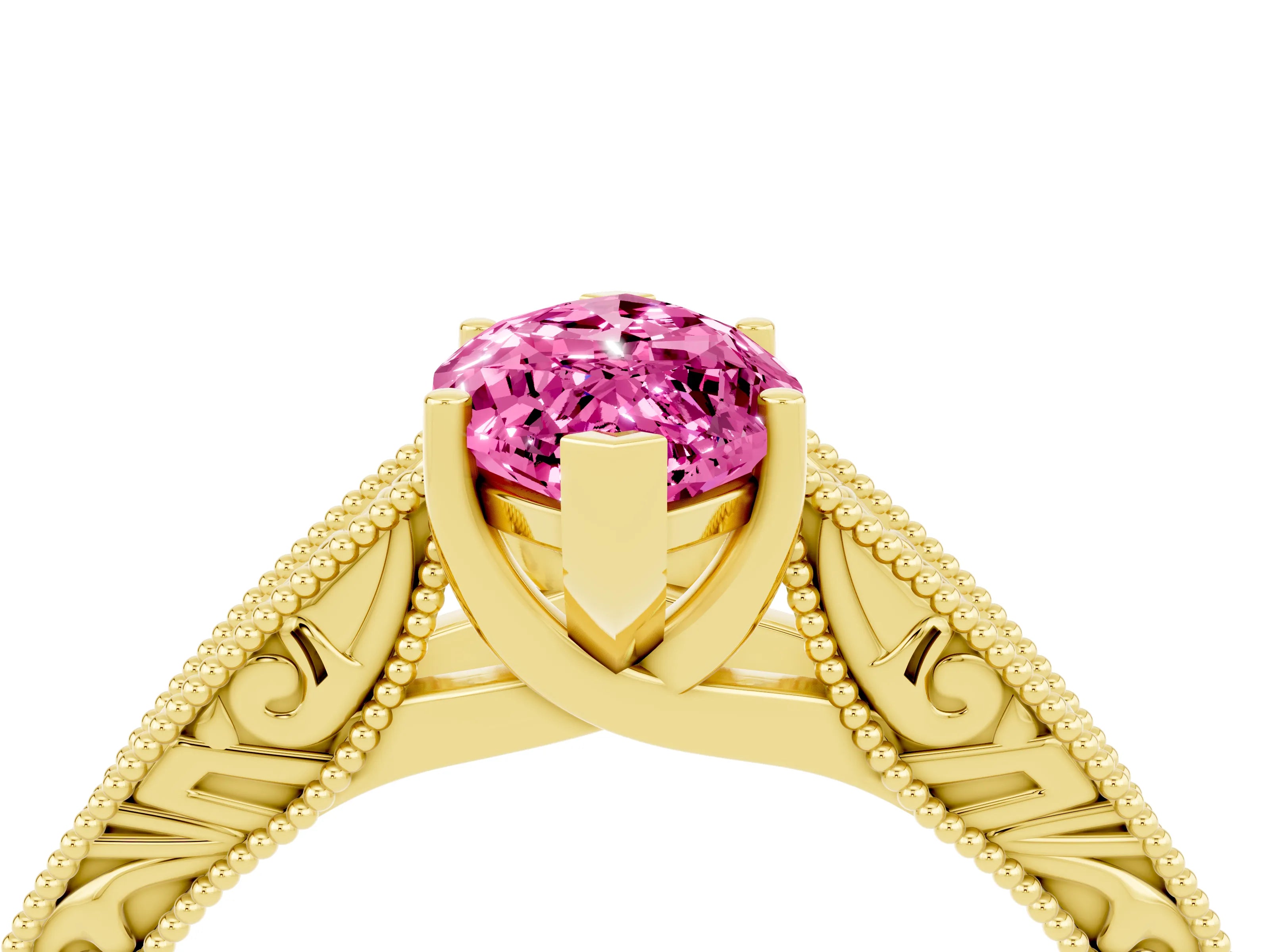 Yellow gold Marquise Cut Pink Sapphire Solitaire Ring with Engraved Band and Four-Prong Setting_4