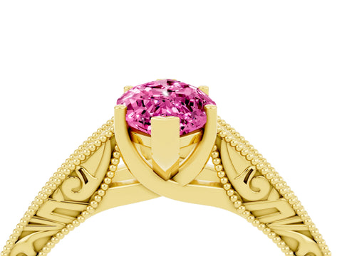 Yellow gold Marquise Cut Pink Sapphire Solitaire Ring with Engraved Band and Four-Prong Setting_4