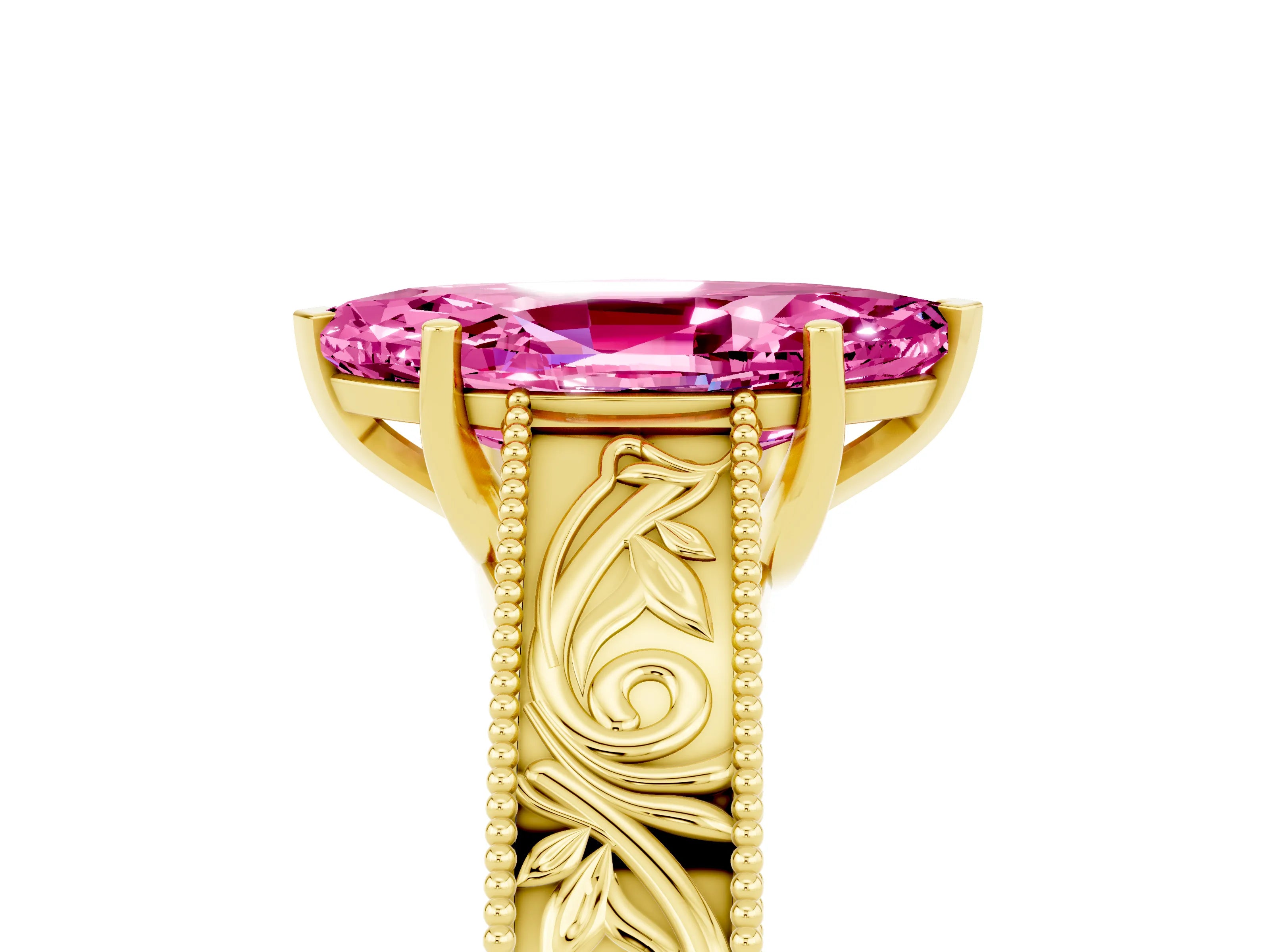 Yellow gold Marquise Cut Pink Sapphire Solitaire Ring with Engraved Band and Four-Prong Setting_5