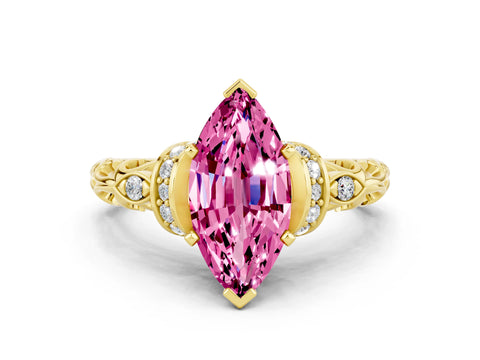 Yellow gold Marquise Cut Pink Sapphire Solitaire Ring with Filigree Band and Four-Prong Setting_48