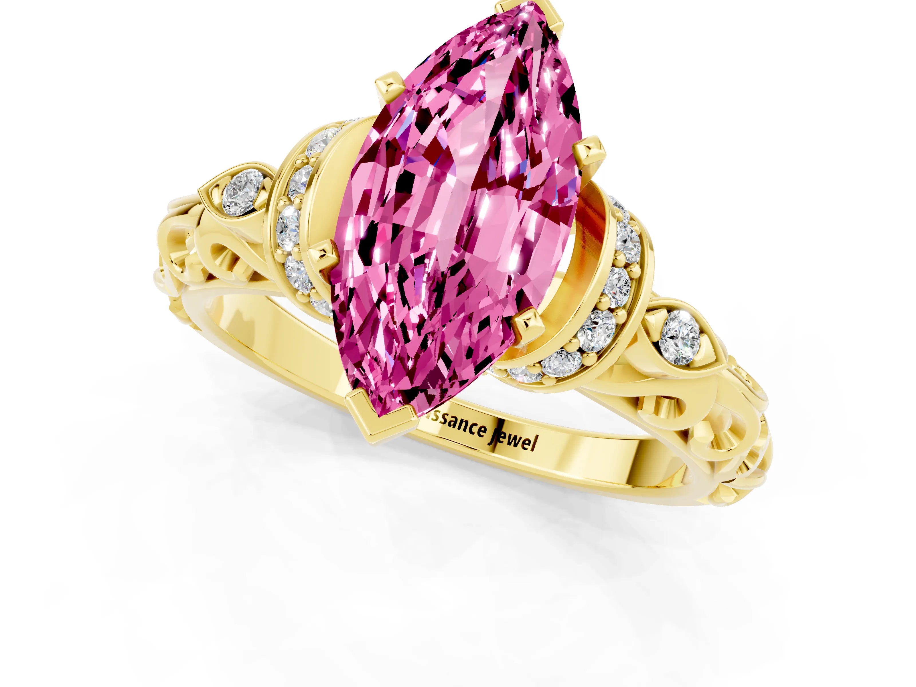 Yellow gold Marquise Cut Pink Sapphire Solitaire Ring with Filigree Band and Four-Prong Setting_49