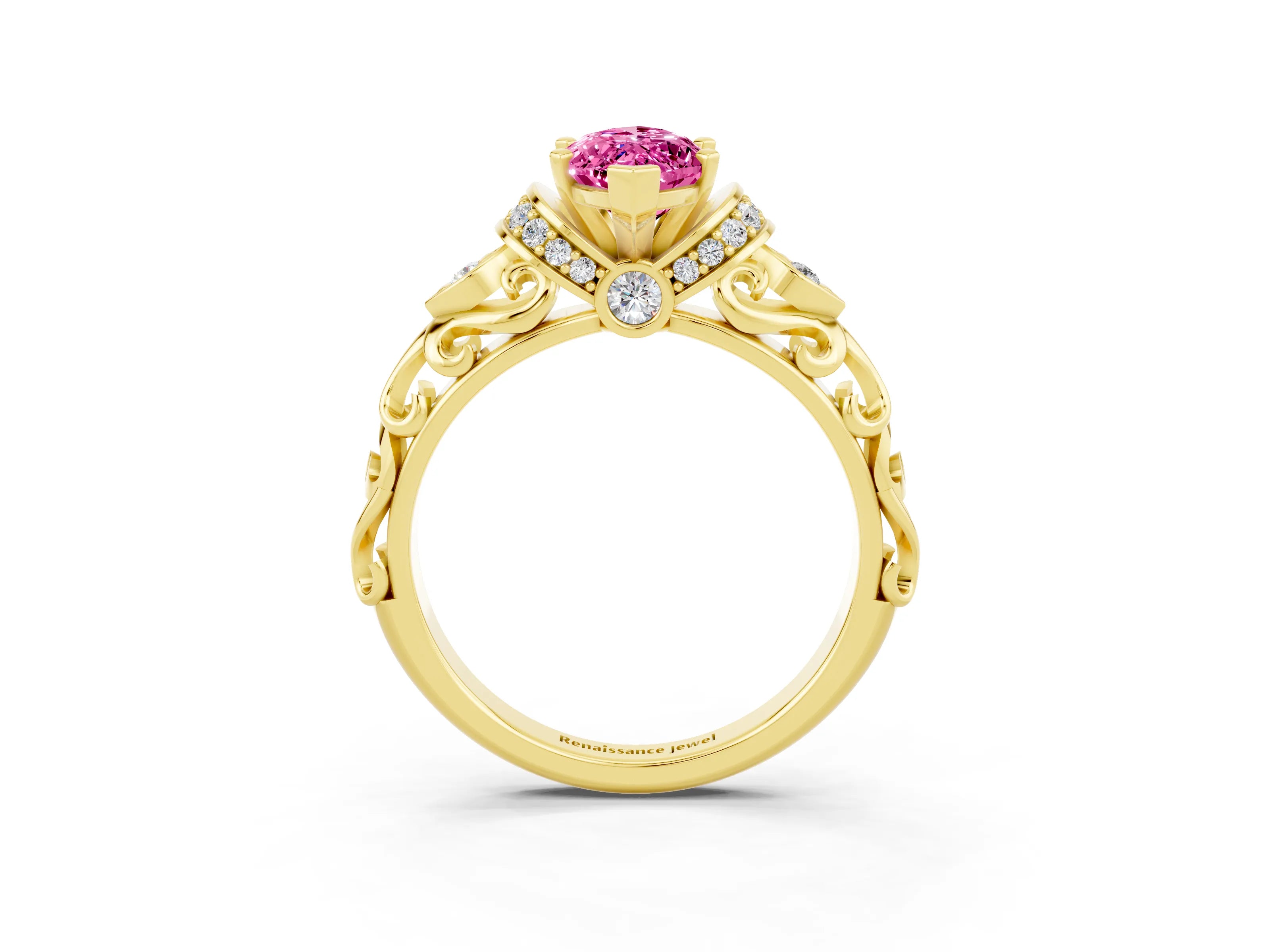 Yellow gold Marquise Cut Pink Sapphire Solitaire Ring with Filigree Band and Four-Prong Setting_51