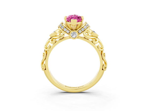 Yellow gold Marquise Cut Pink Sapphire Solitaire Ring with Filigree Band and Four-Prong Setting