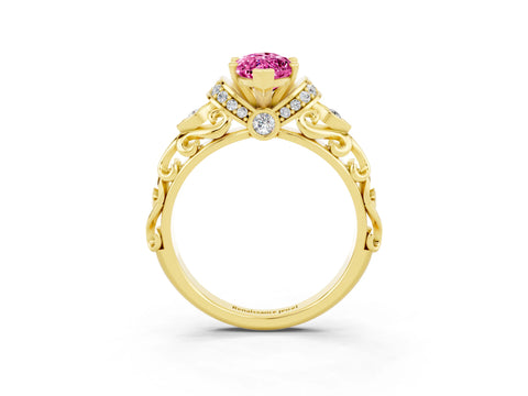 Yellow gold Marquise Cut Pink Sapphire Solitaire Ring with Filigree Band and Four-Prong Setting_51