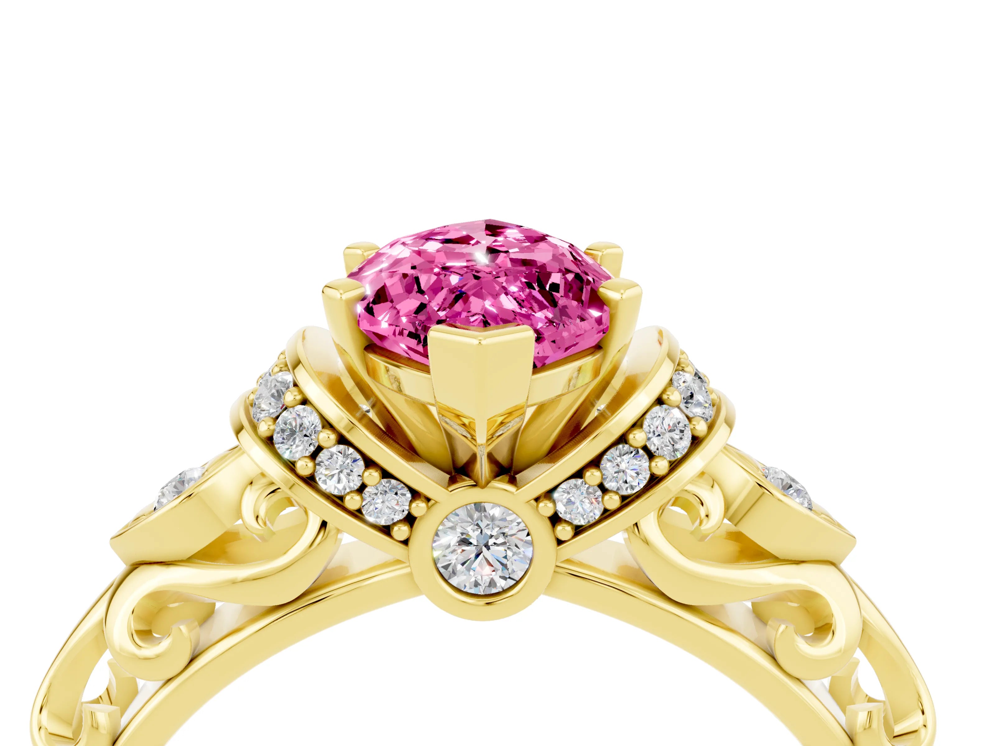 Yellow gold Marquise Cut Pink Sapphire Solitaire Ring with Filigree Band and Four-Prong Setting_52