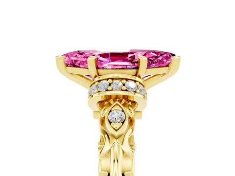 Yellow gold Marquise Cut Pink Sapphire Solitaire Ring with Filigree Band and Four-Prong Setting_53