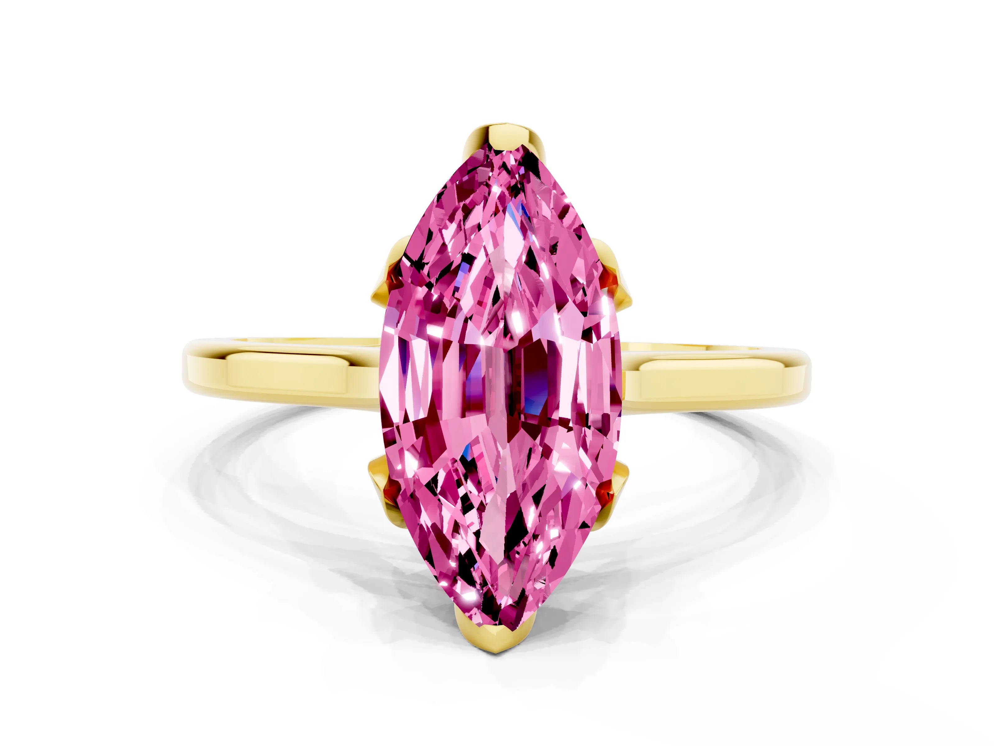Yellow gold Marquise Cut Pink Sapphire Solitaire Ring with Flower Prong Setting and Classic Band_12