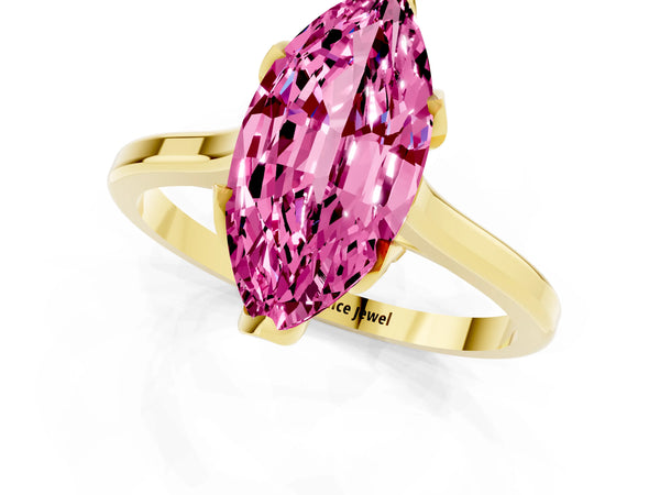 Yellow gold Marquise Cut Pink Sapphire Solitaire Ring with Flower Prong Setting and Classic Band