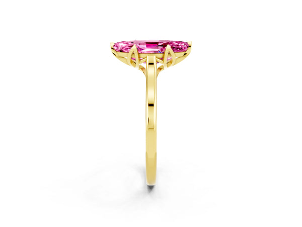 Yellow gold Marquise Cut Pink Sapphire Solitaire Ring with Flower Prong Setting and Classic Band