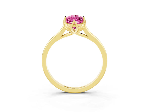 Yellow gold Marquise Cut Pink Sapphire Solitaire Ring with Flower Prong Setting and Classic Band