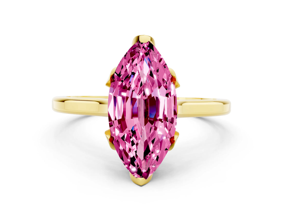 Yellow gold Marquise Cut Pink Sapphire Solitaire Ring with Flower Prong Setting and Classic Band_37