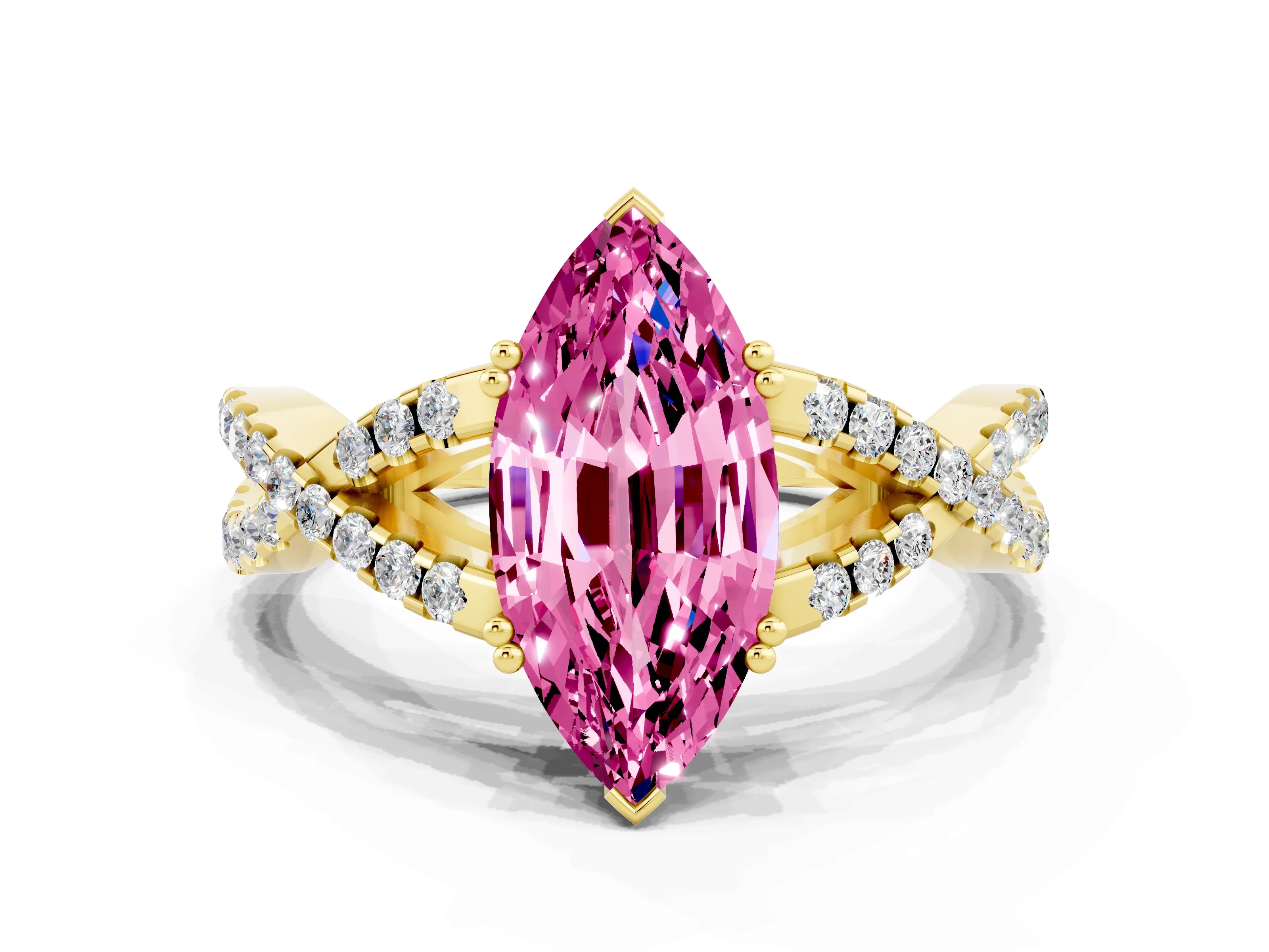 Yellow gold Marquise Cut Pink Sapphire Solitaire Ring with Four-Prong Setting and Twisted Pavé Band_12