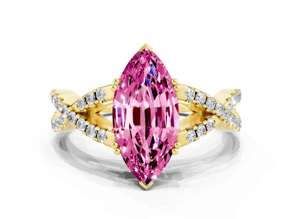 Yellow gold Marquise Cut Pink Sapphire Solitaire Ring with Four-Prong Setting and Twisted Pavé Band