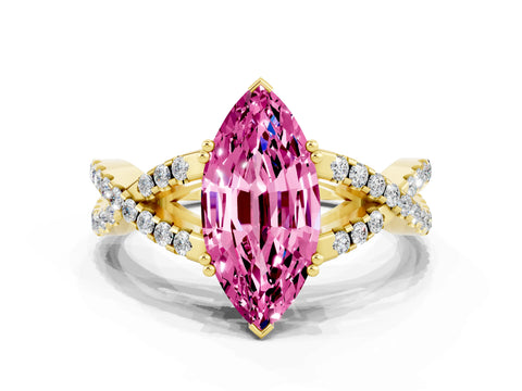 Yellow gold Marquise Cut Pink Sapphire Solitaire Ring with Four-Prong Setting and Twisted Pavé Band_12