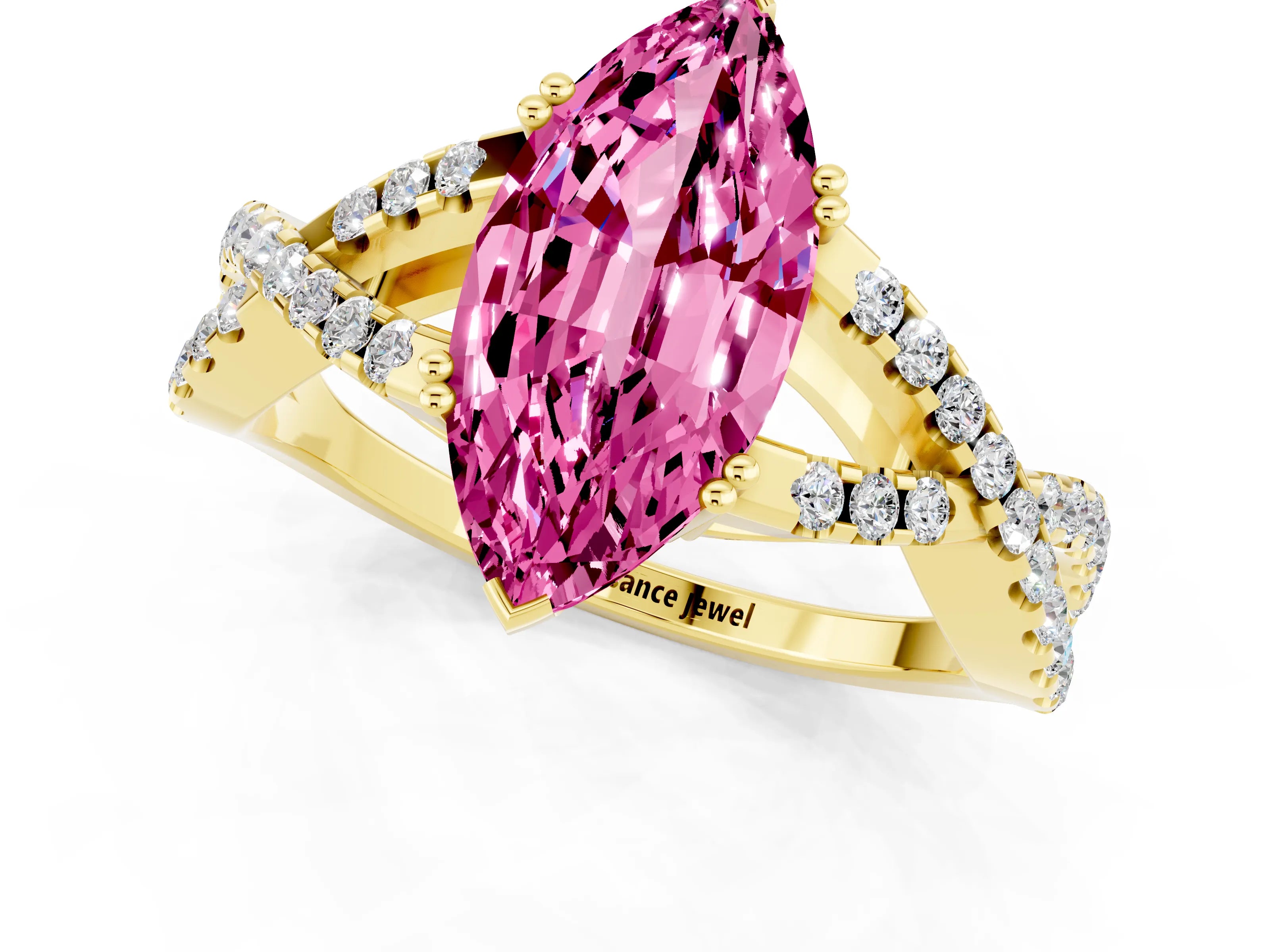 Yellow gold Marquise Cut Pink Sapphire Solitaire Ring with Four-Prong Setting and Twisted Pavé Band_13