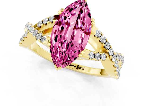 Yellow gold Marquise Cut Pink Sapphire Solitaire Ring with Four-Prong Setting and Twisted Pavé Band