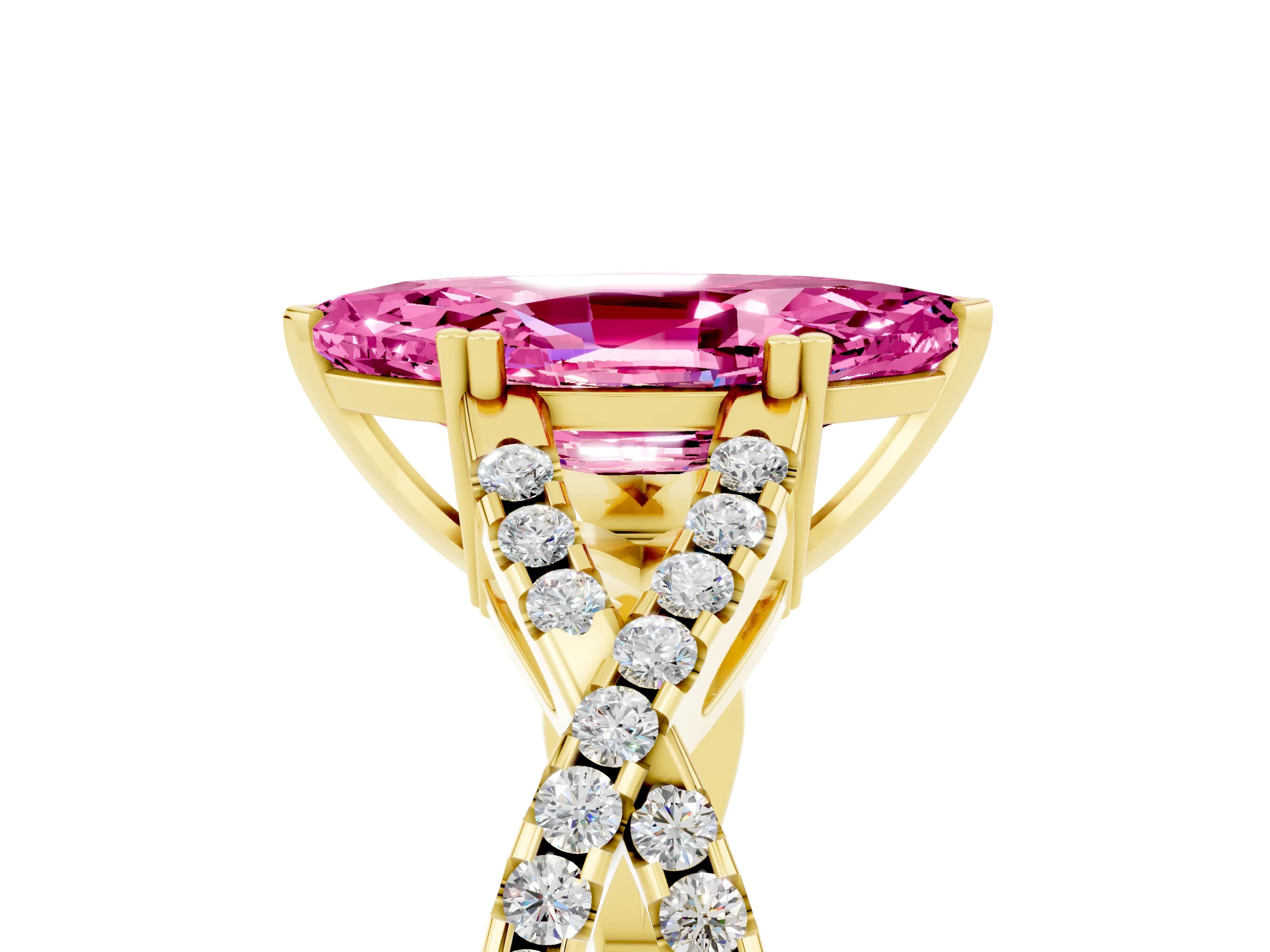 Yellow gold Marquise Cut Pink Sapphire Solitaire Ring with Four-Prong Setting and Twisted Pavé Band_17