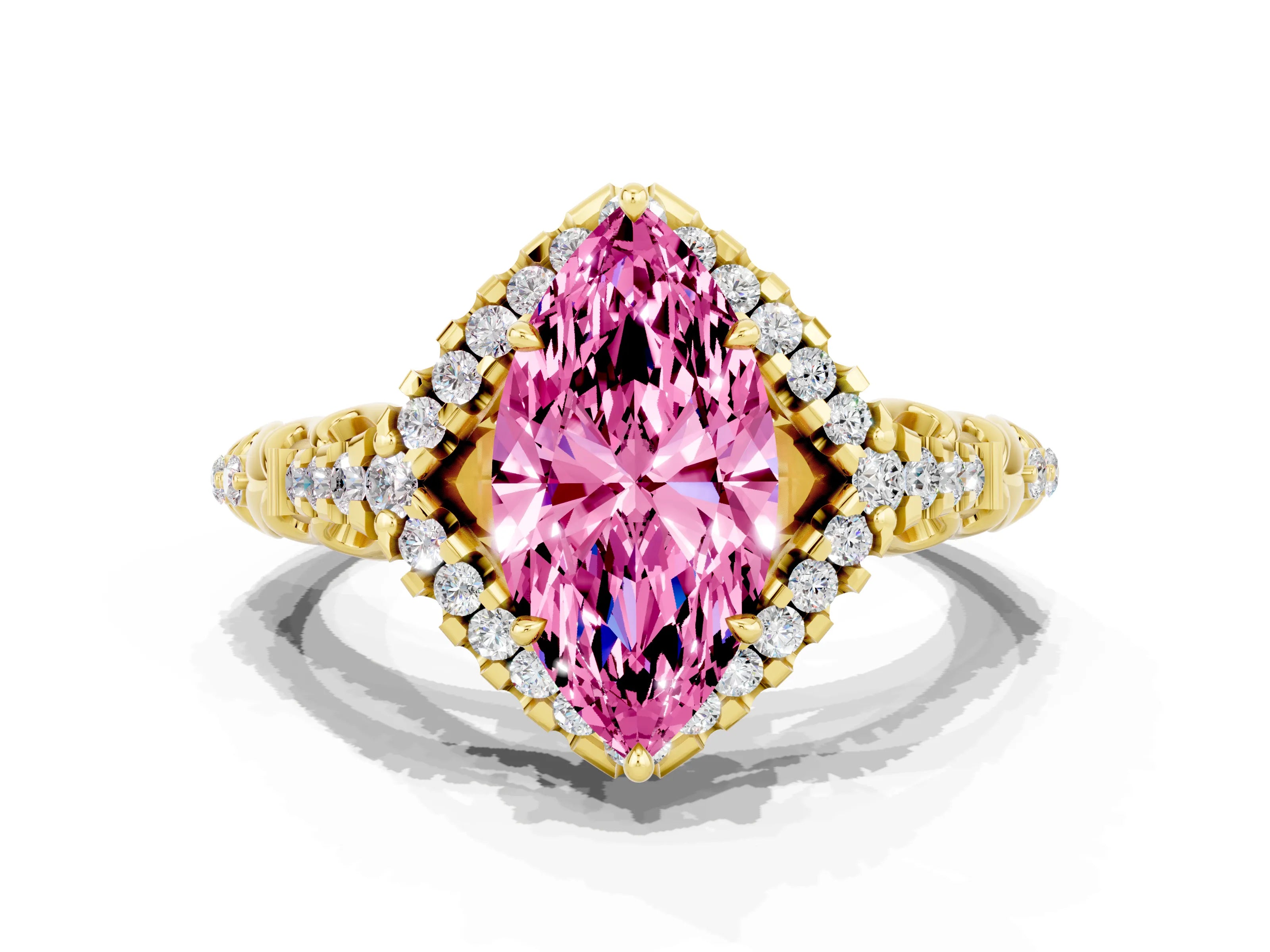 Yellow gold Marquise Cut Pink Sapphire Solitaire Ring with Hidden Halo and Pavé Band_12