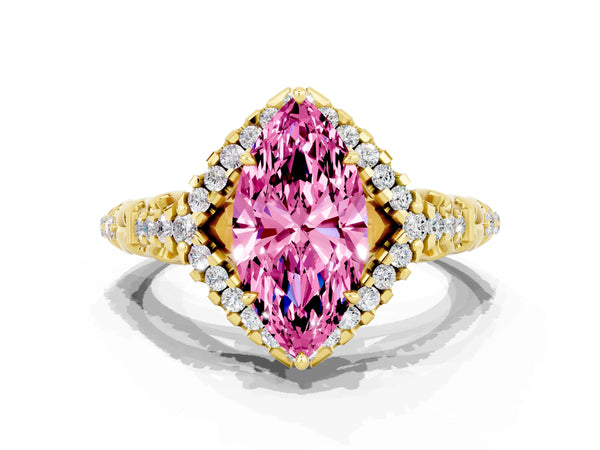 Yellow gold Marquise Cut Pink Sapphire Solitaire Ring with Hidden Halo and Pavé Band