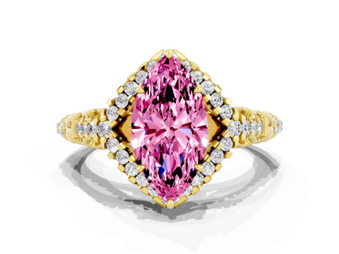 Yellow gold Marquise Cut Pink Sapphire Solitaire Ring with Hidden Halo and Pavé Band_12